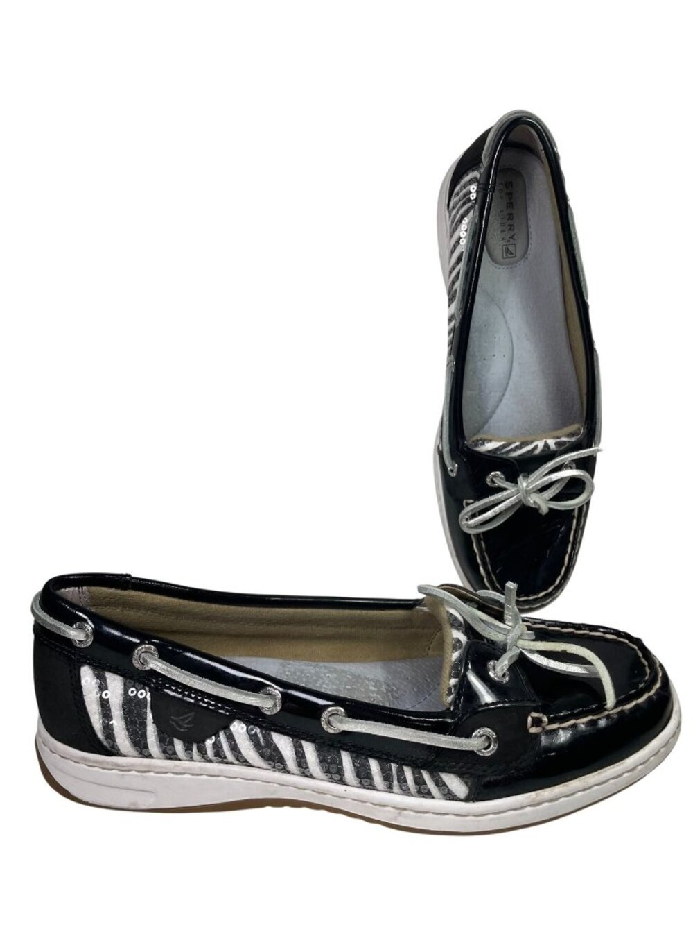 Sperry Top Sider Angelfish Boat Shoes 9M Zebra Black Slip On Leather Casual Camp
